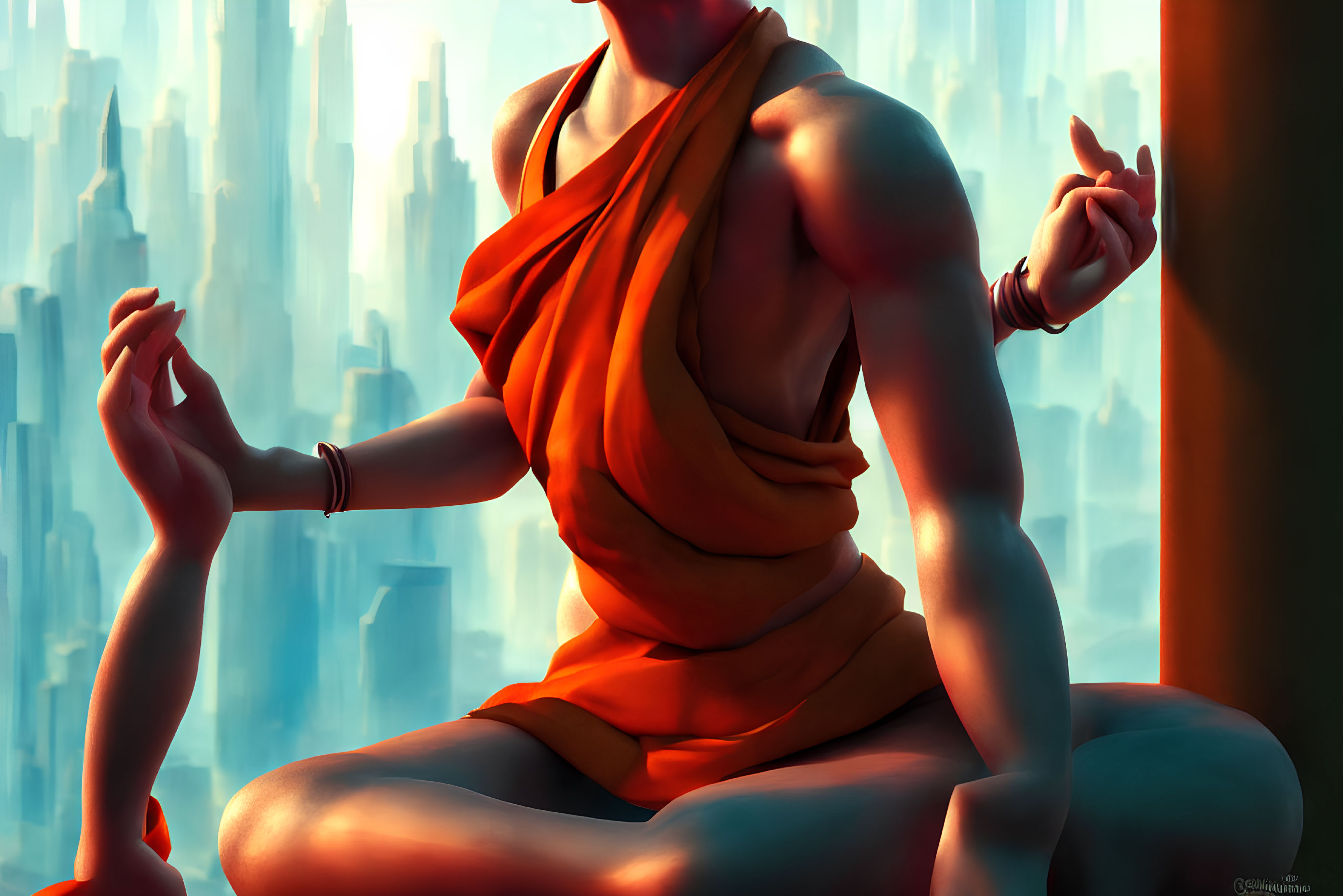 Person meditating in lotus pose with orange cloth in front of futuristic skyscrapers.