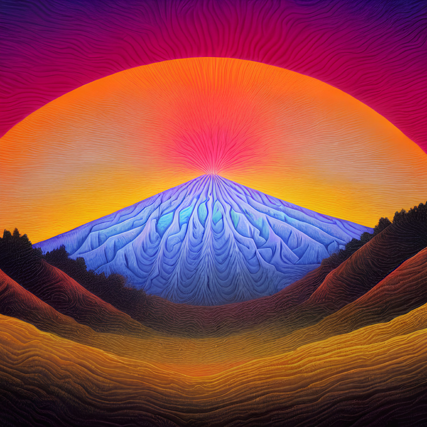 Colorful Mountain Illustration with Psychedelic Sky