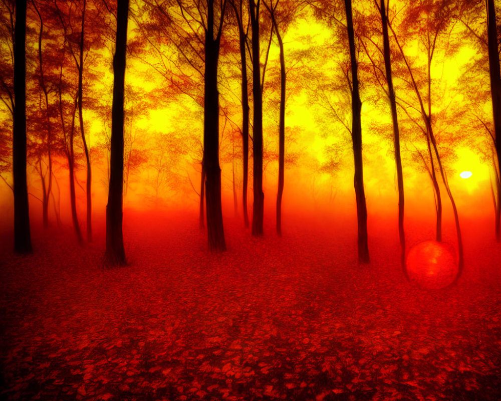 Mystical forest with tall trees and colorful fog at sunset