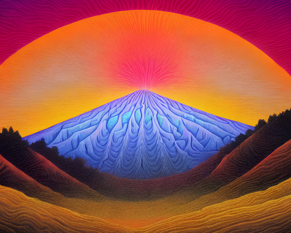 Colorful Mountain Illustration with Psychedelic Sky