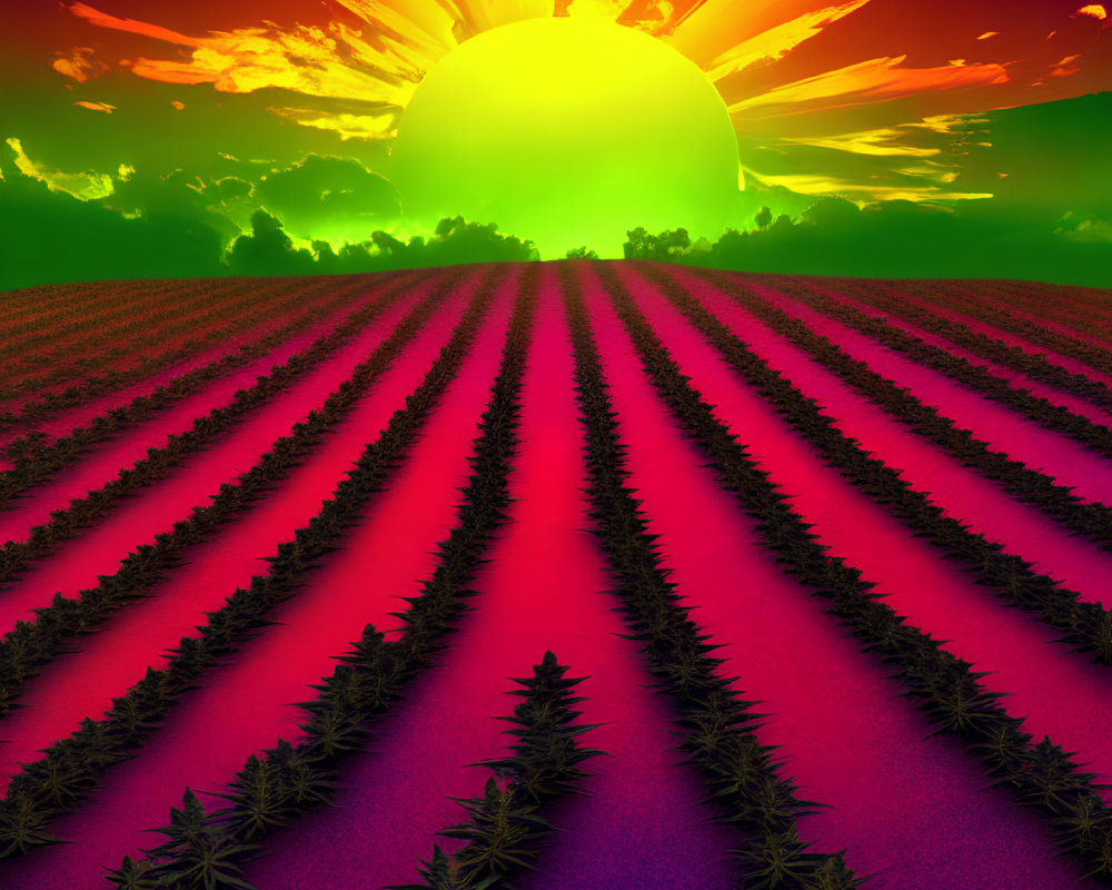 Purple Field with Neat Rows of Crops Under Dramatic Sky and Oversized Sun