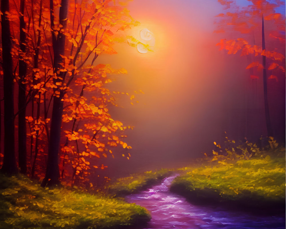 Mystical forest with river, glowing sun, autumnal trees