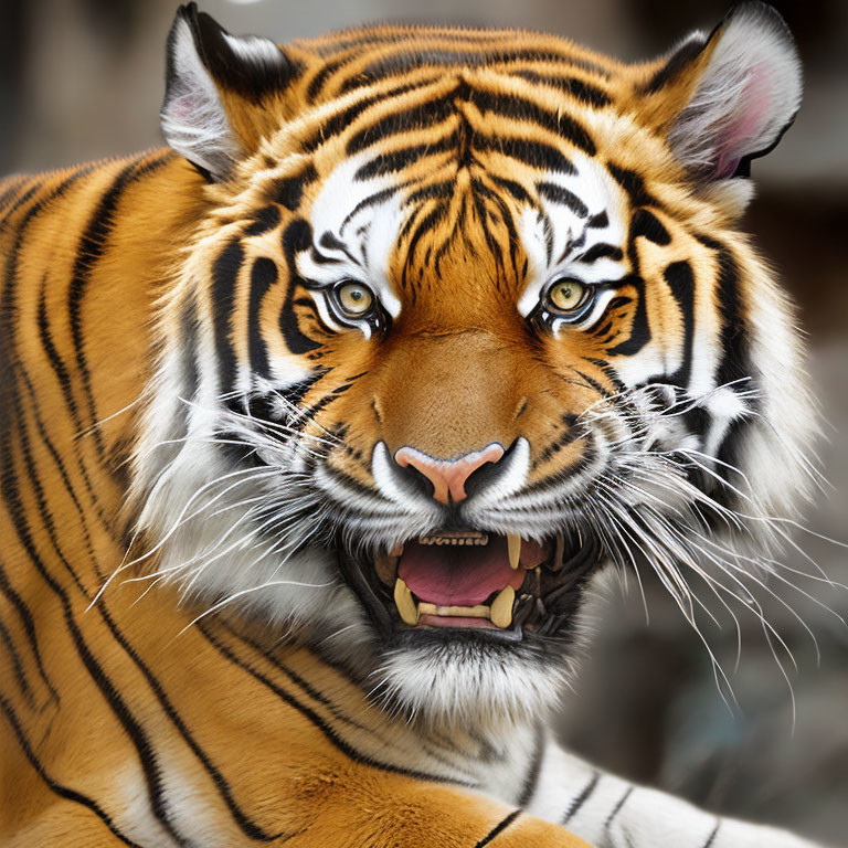Detailed Close-up of Tiger's Head with Intense Eyes and Bared Teeth
