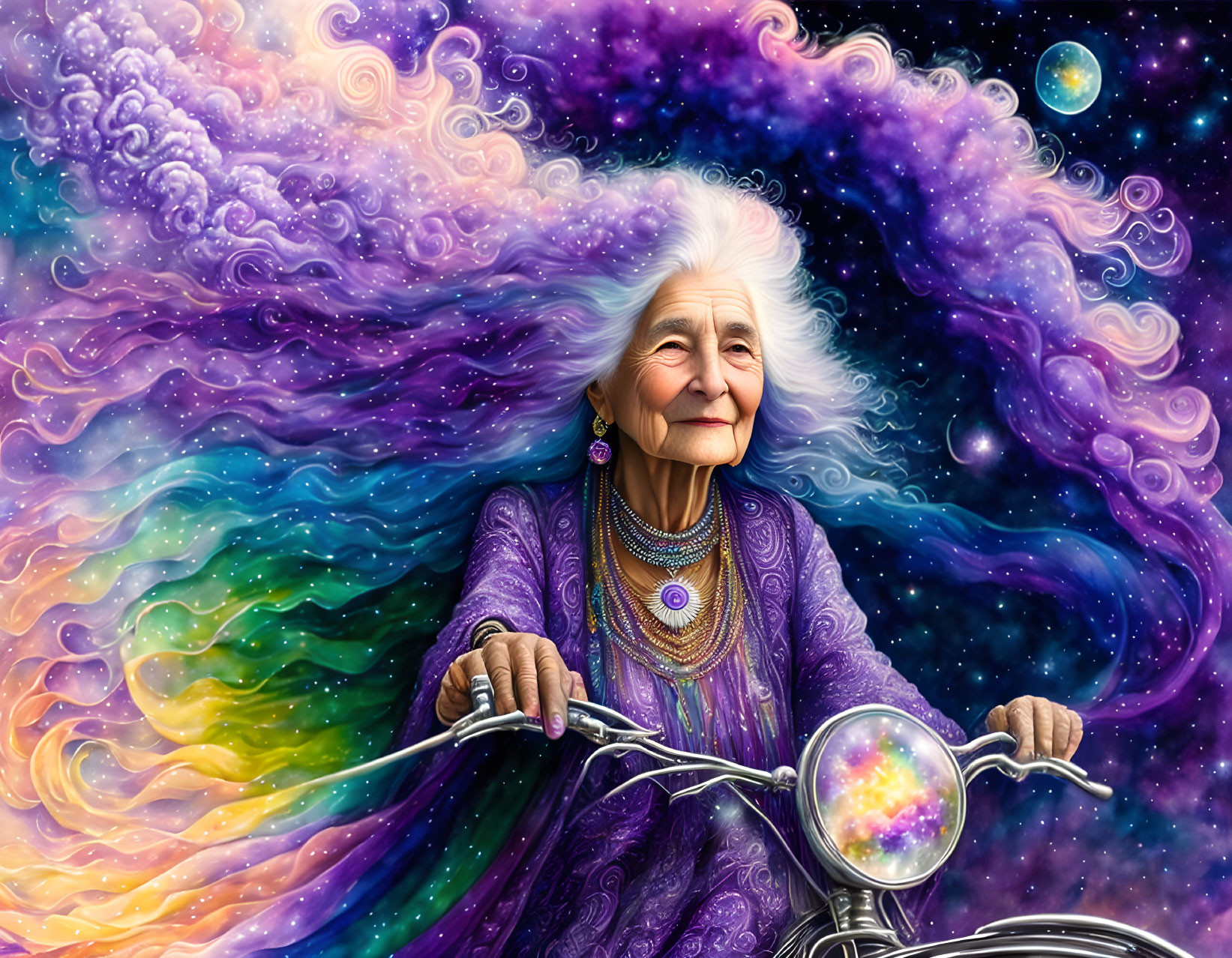 Old hippy lady riding a bike