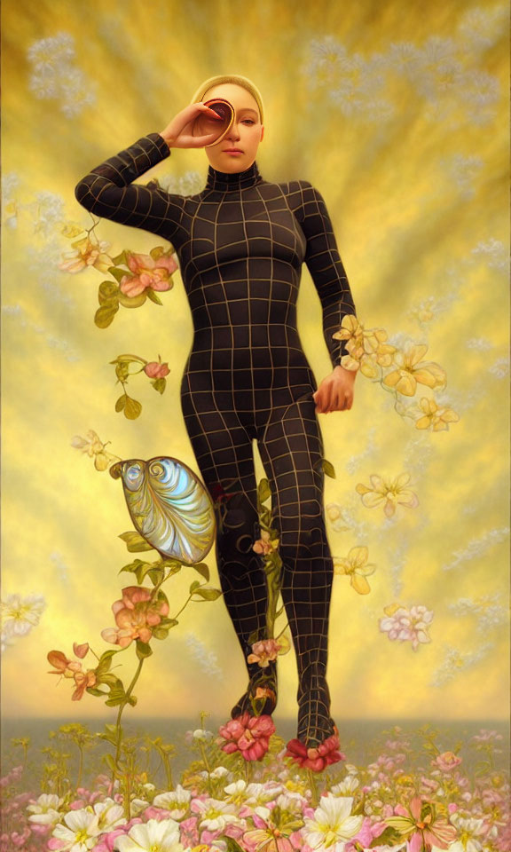 Person in Black Grid Bodysuit Among Flowers with Fish Companion