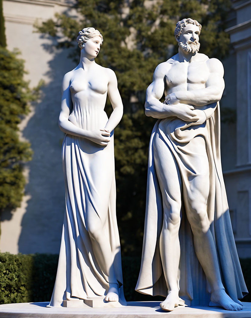 Classical-style statue of standing draped man and woman, man holding fabric, woman looking forward
