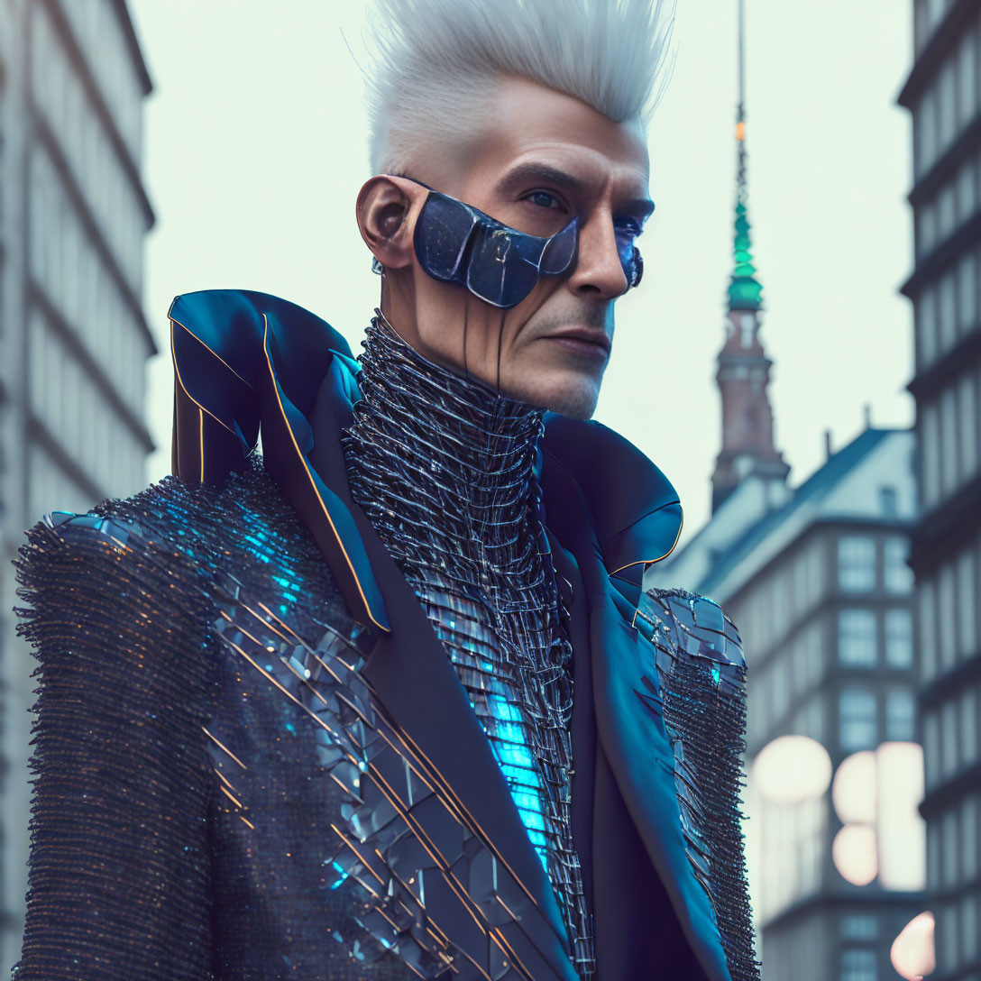 Futuristic male figure with spiked hair in metallic jacket and eyewear