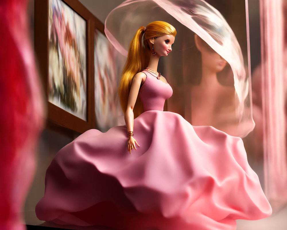 Graceful doll in pink gown admires paintings in gallery