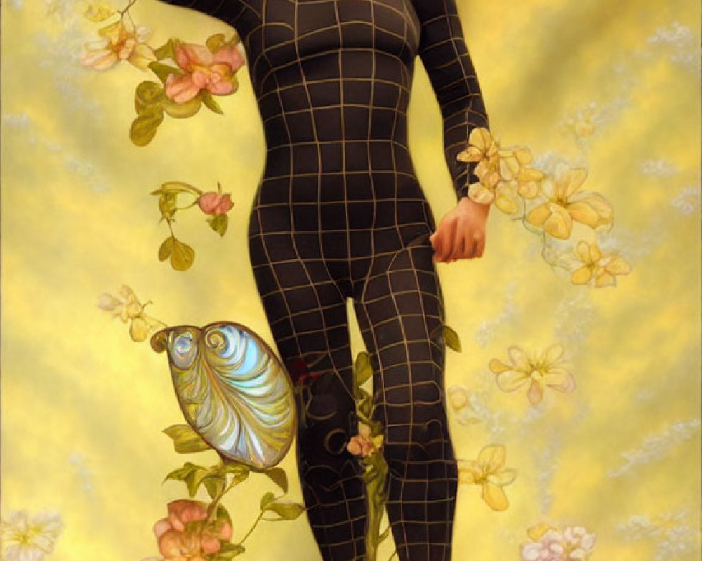 Person in Black Grid Bodysuit Among Flowers with Fish Companion