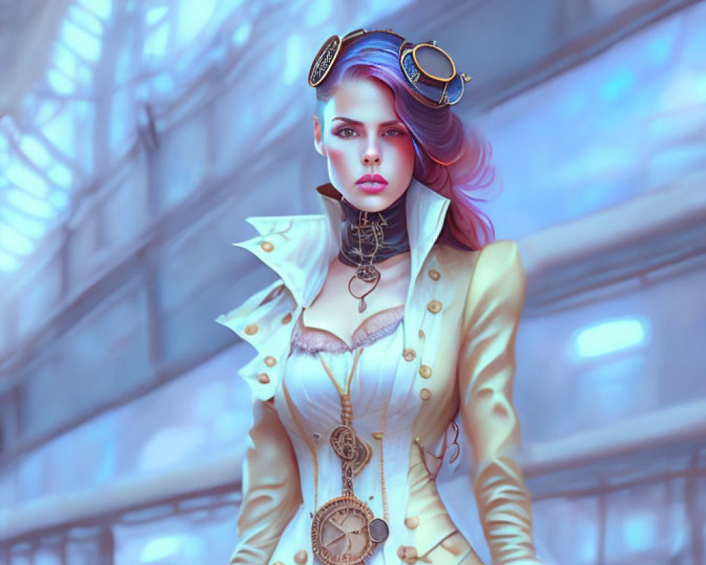 Violet-haired woman in steampunk attire against industrial backdrop