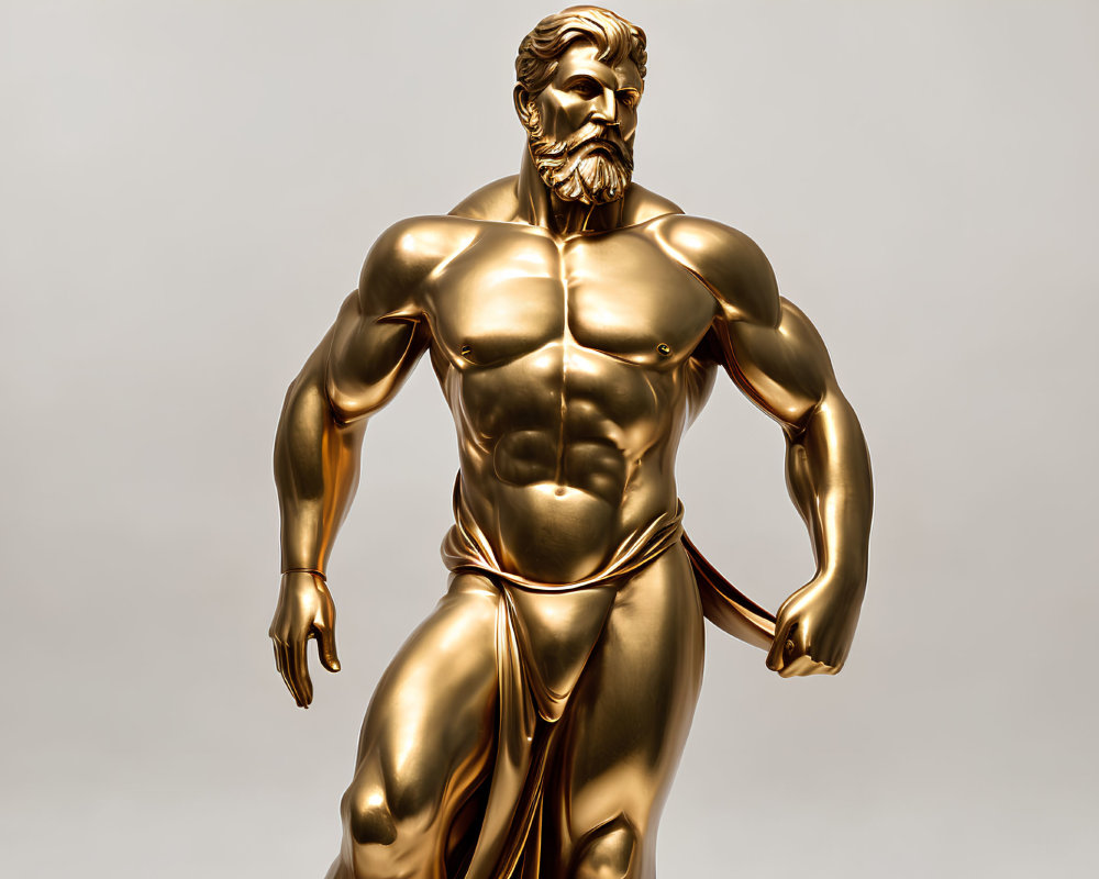 Golden muscular male statue in heroic pose with subtle contrapposto stance