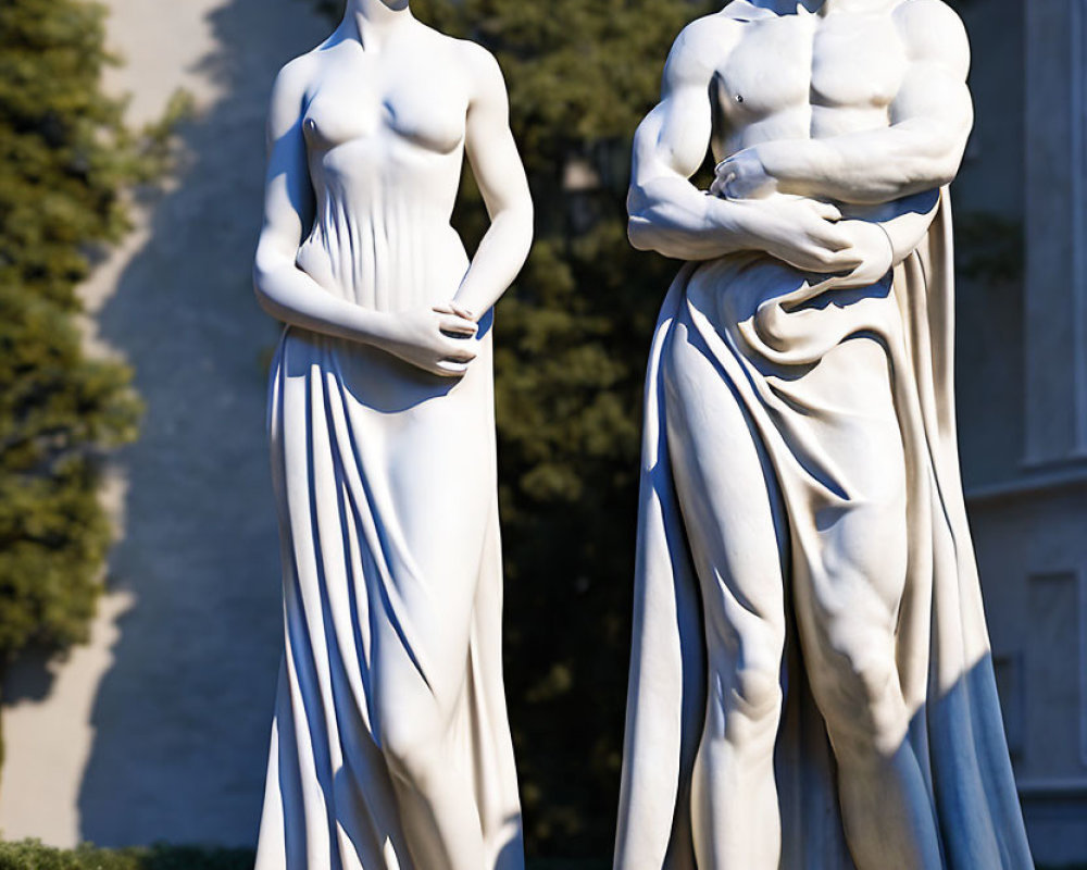 Classical-style statue of standing draped man and woman, man holding fabric, woman looking forward