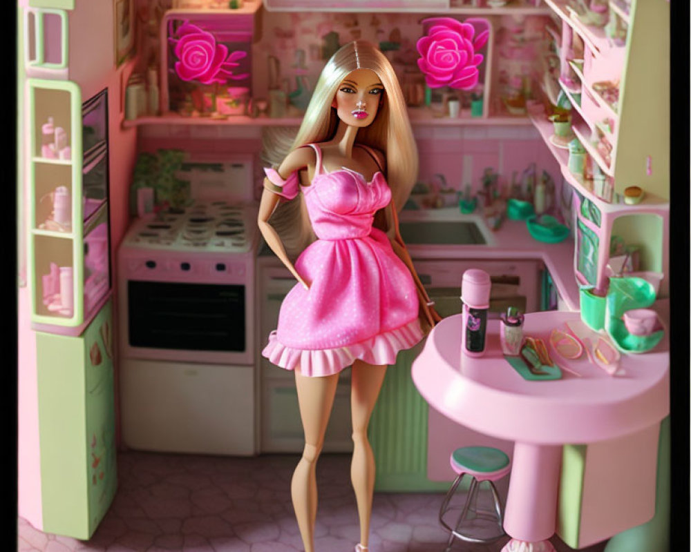 Pink-themed Barbie doll kitchen setup with appliances and food items.