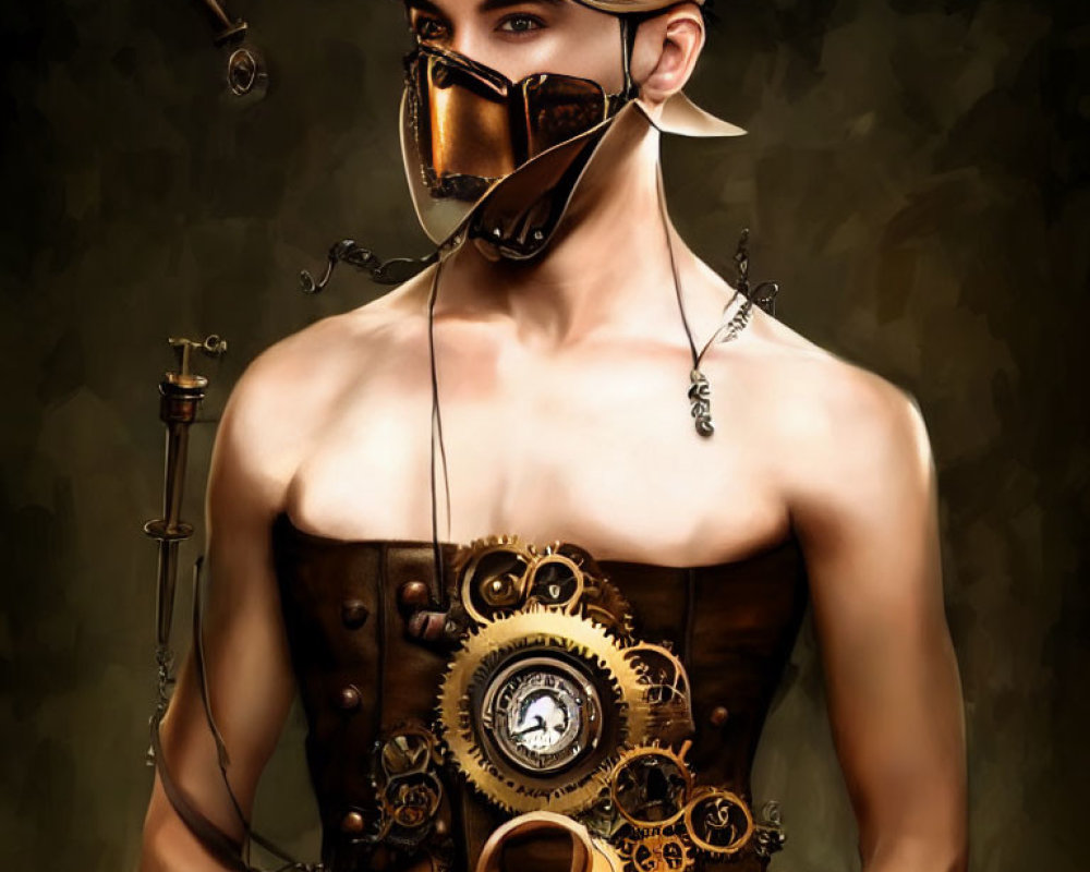 Steampunk-inspired bare-chested man with gear-laden vest and metallic face mask