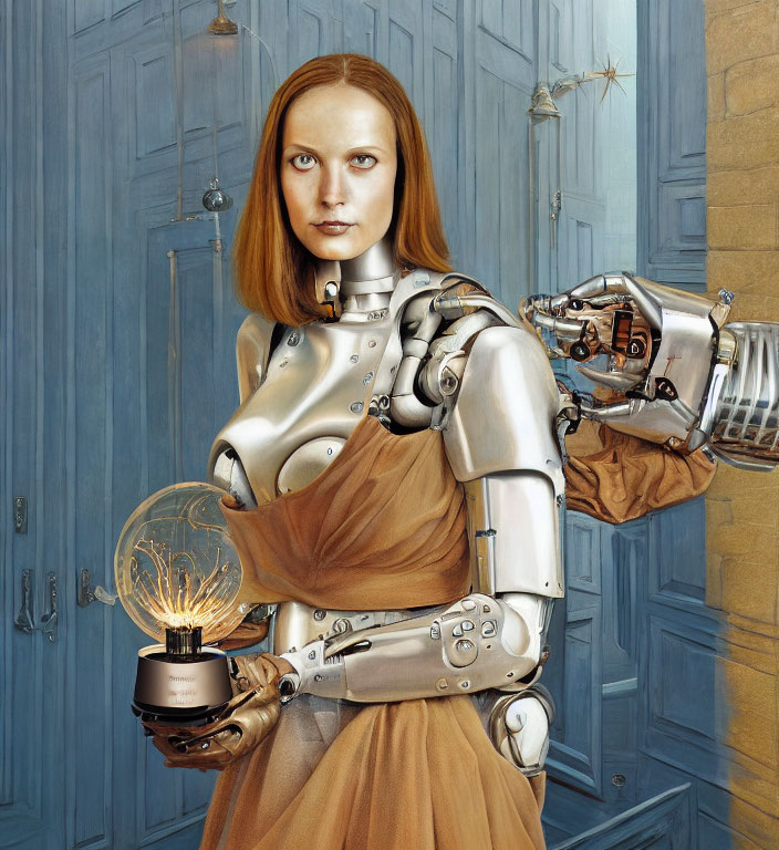 Female humanoid robot with metallic arms holds glowing orb by blue door