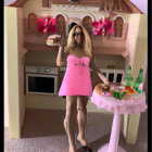 Pink-themed Barbie doll kitchen setup with appliances and food items.