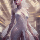 Platinum Blonde Woman in Translucent Gown with Web-like Patterns