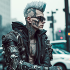 Futuristic male figure with spiked hair in metallic jacket and eyewear