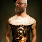 Steampunk-inspired bare-chested man with gear-laden vest and metallic face mask