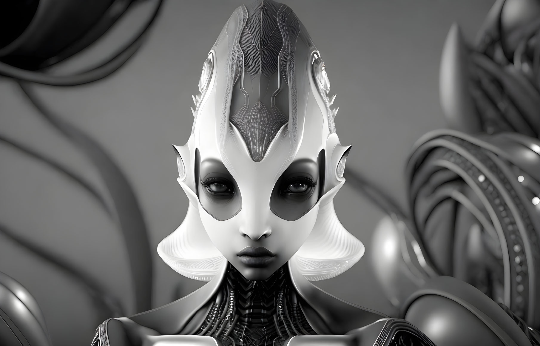 Monochrome stylized humanoid figure with alien-like appearance