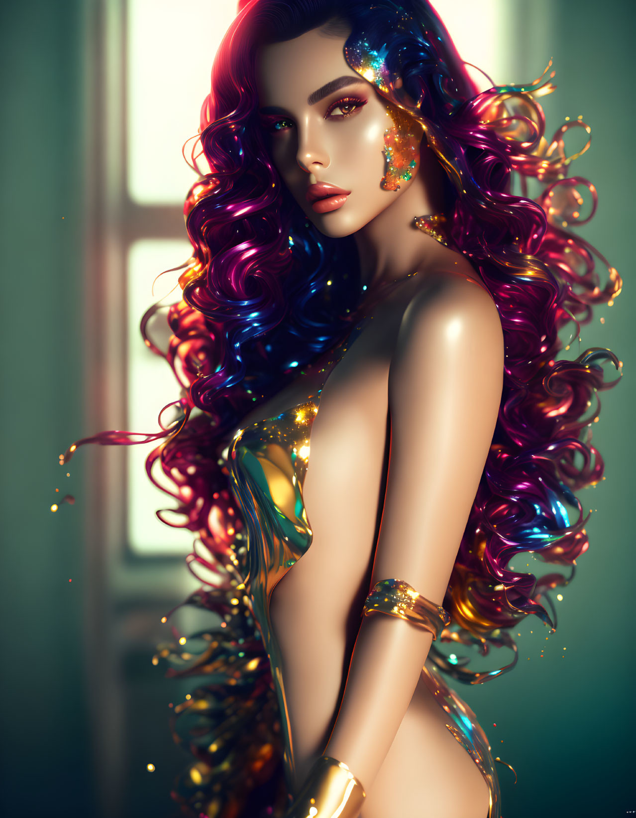 Multicolored hair woman with gold makeup-like splashes