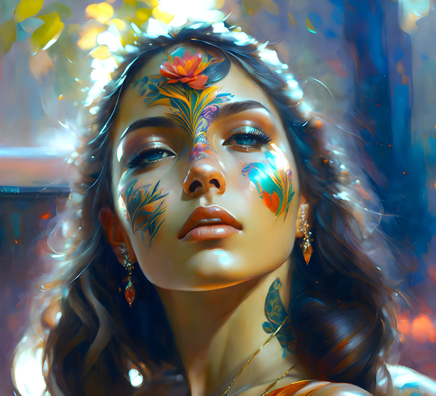 Elaborate floral face paint and tattoos on a woman in warm, dappled light