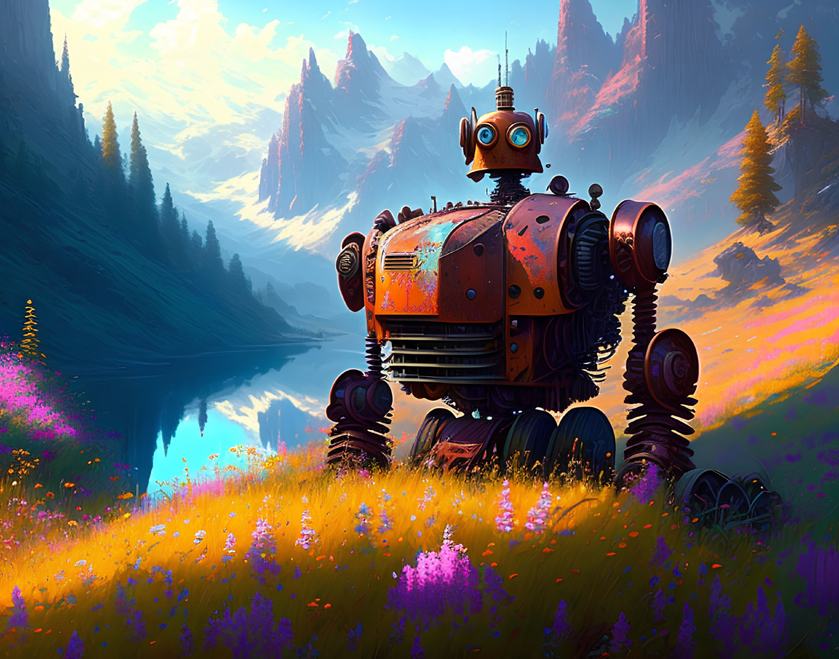Large Orange Robot in Vibrant Meadow by Calm Lake and Majestic Mountains at Sunset