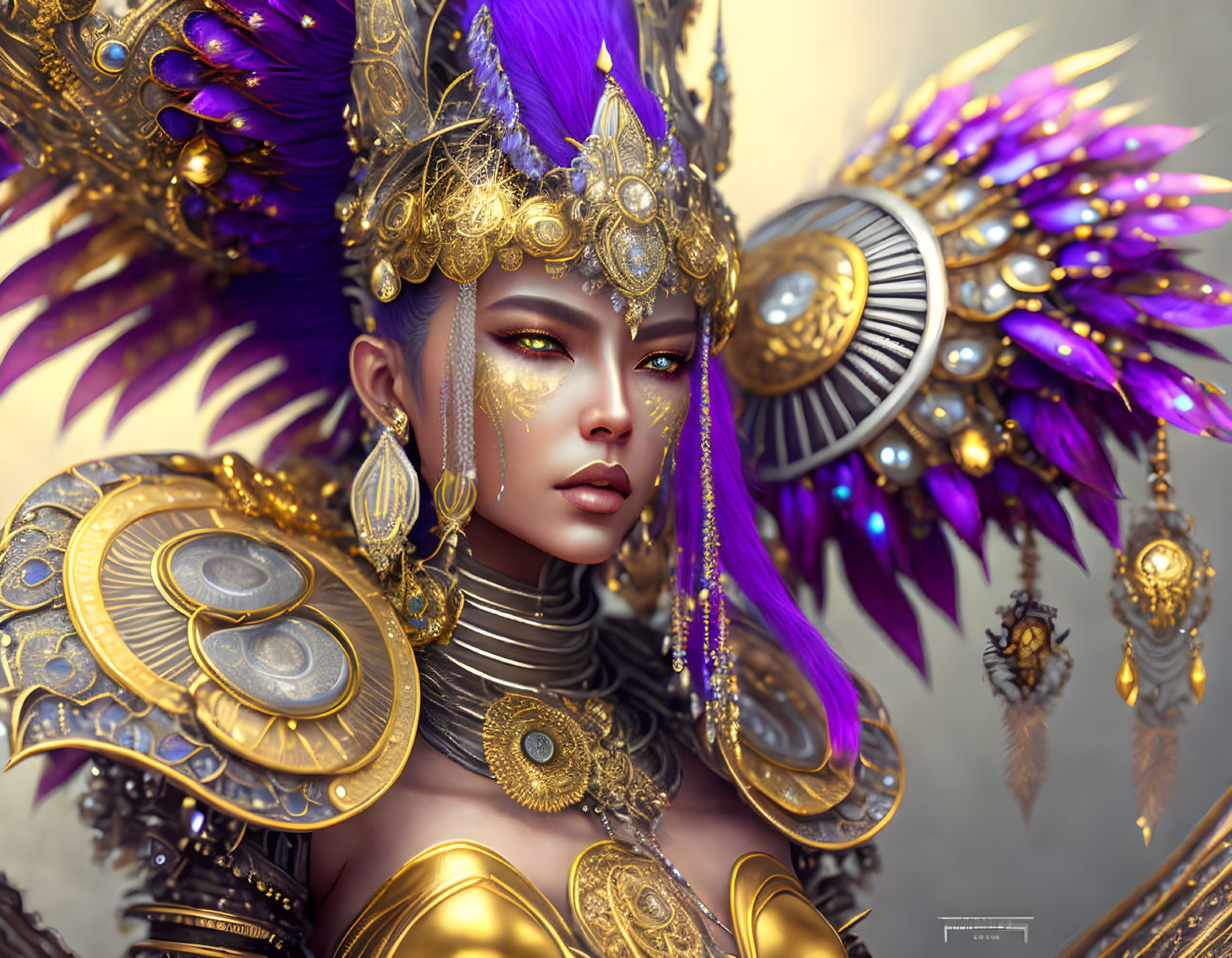 Digital artwork: Woman in golden and purple armor with feathers and regal headdress