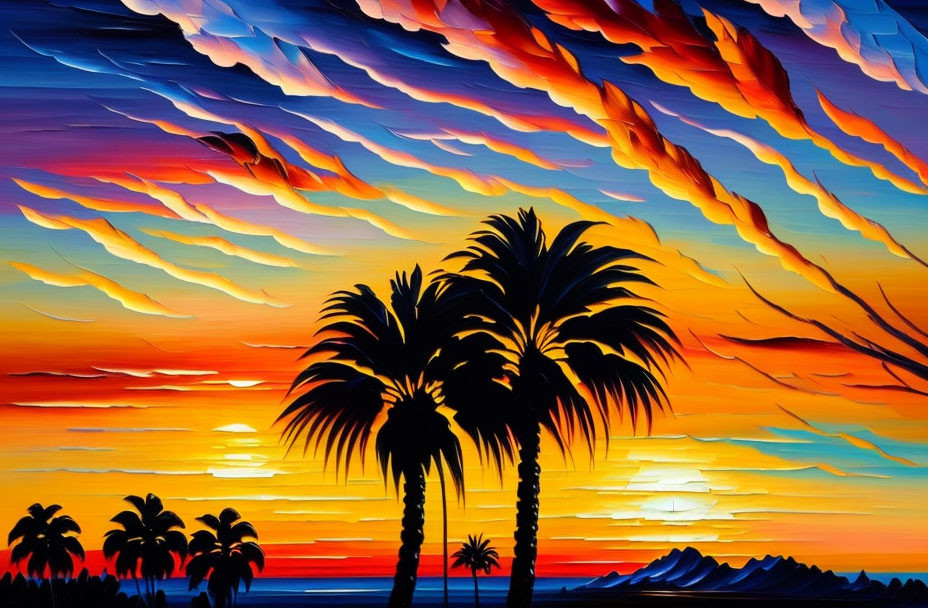 Tropical sunset painting with palm trees and mountains