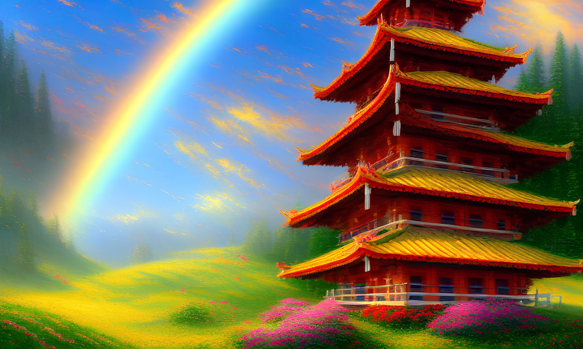 Red pagoda in vibrant floral landscape with rainbow and warm sky