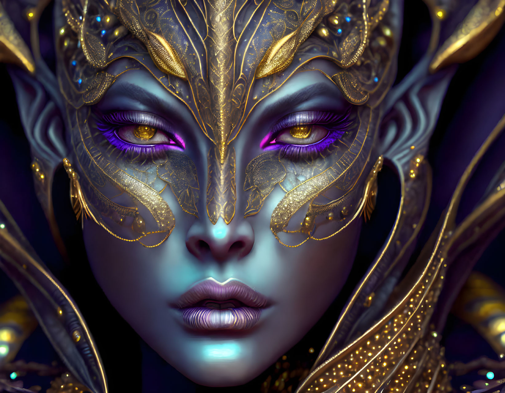 Detailed digital art: Fantastical being with purple eyes, ornate gold and blue mask on dark