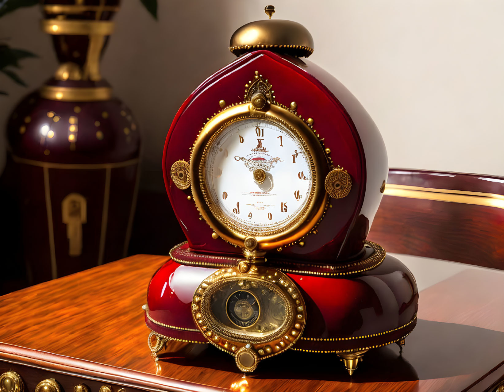 Red and Gold Mantel Clock with Roman Numerals on Polished Wood Surface