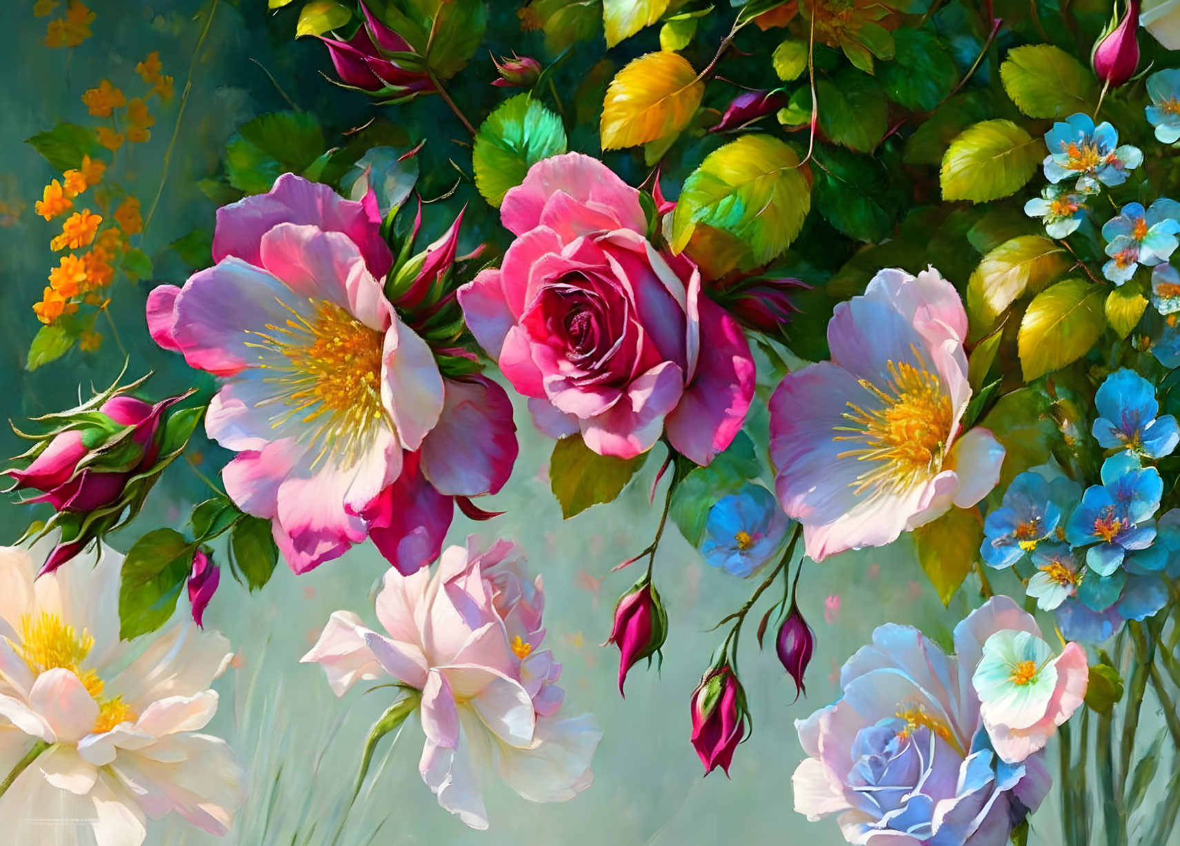 Colorful Floral Painting with Roses and Blossoms in Lush Greenery