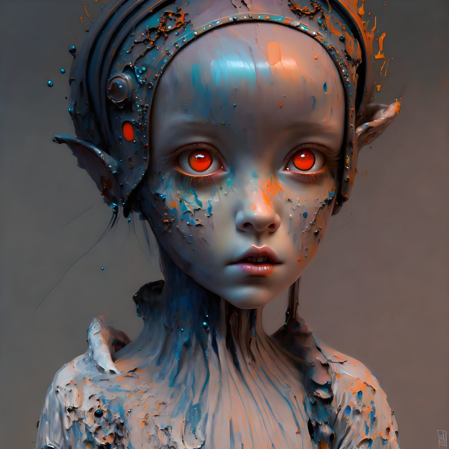 Blue-skinned fantasy creature with red glowing eyes and mechanical head elements.