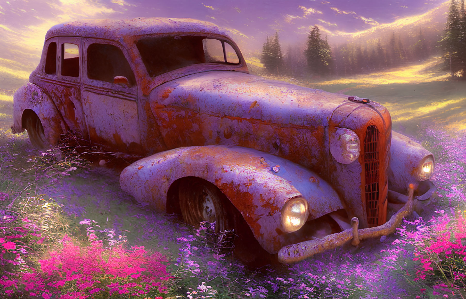 Rusty car with headlights in foggy forest clearing at sunrise or sunset