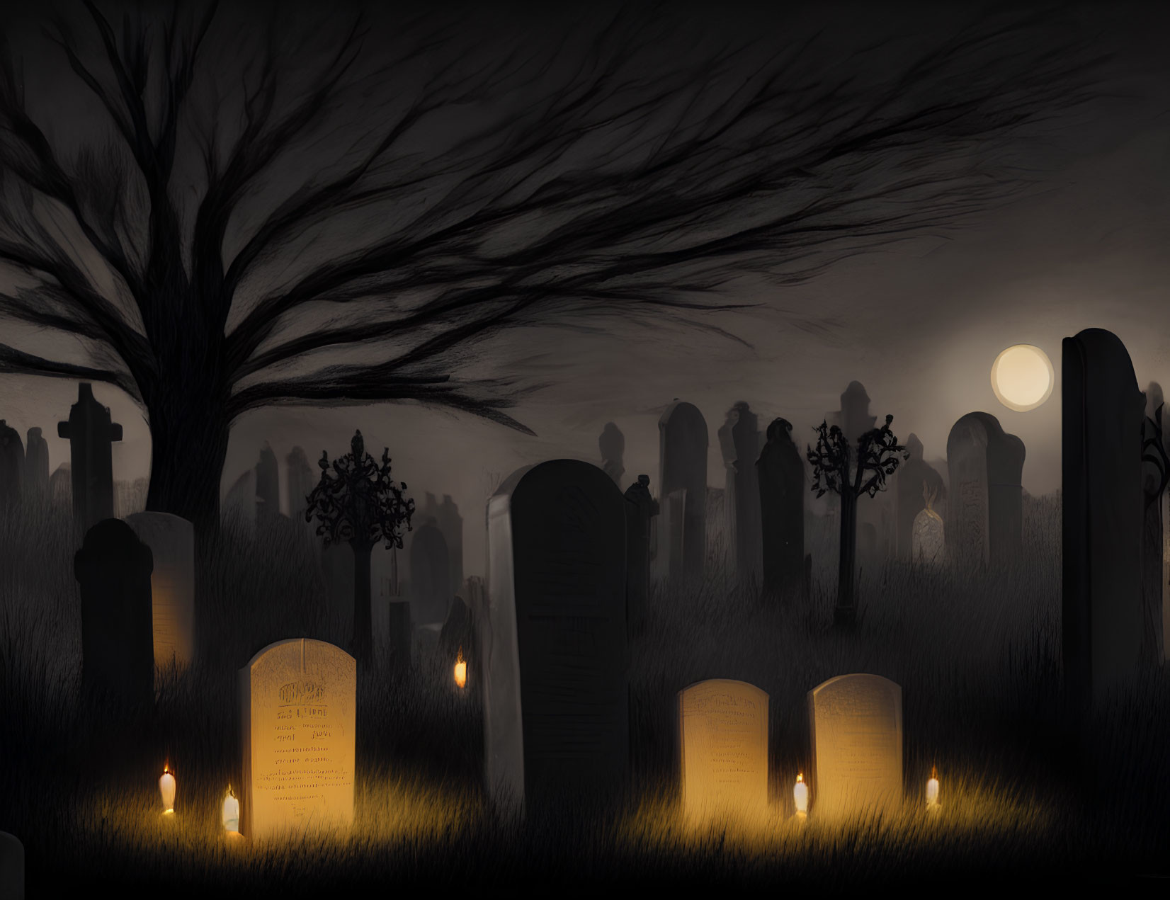 Eerie cemetery scene with tombstones, bare tree, and candles at night