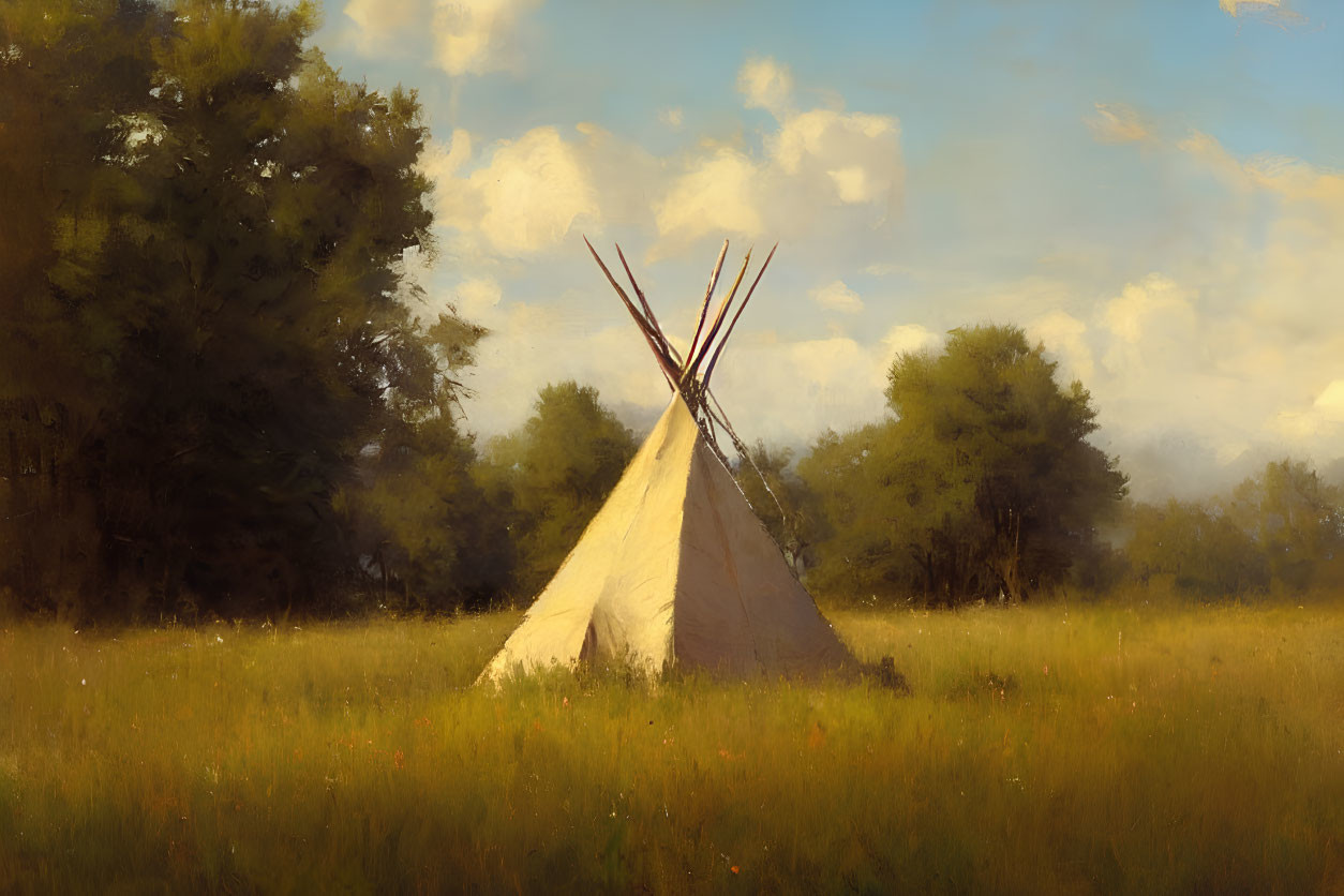 Tranquil teepee painting in sunlit meadow with lush trees