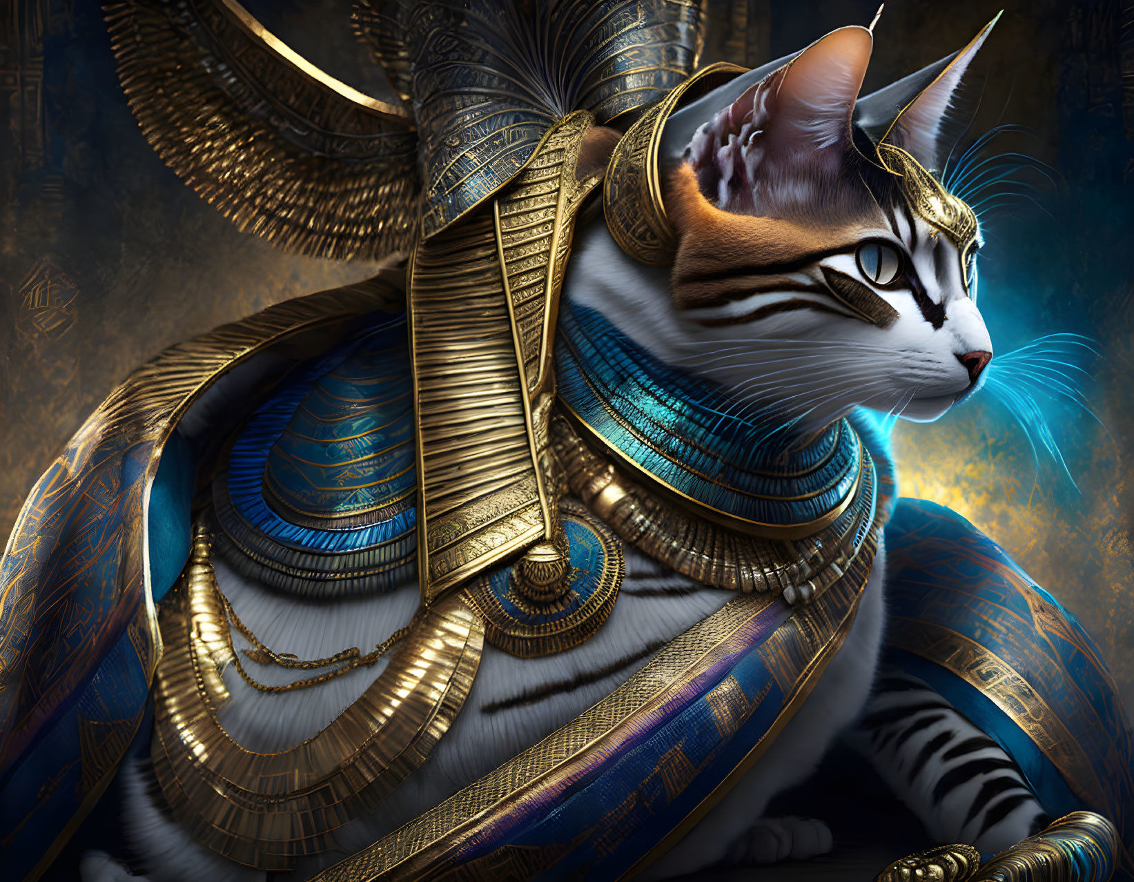 Detailed illustration of regal cat in Egyptian-style armor on intricate gold background