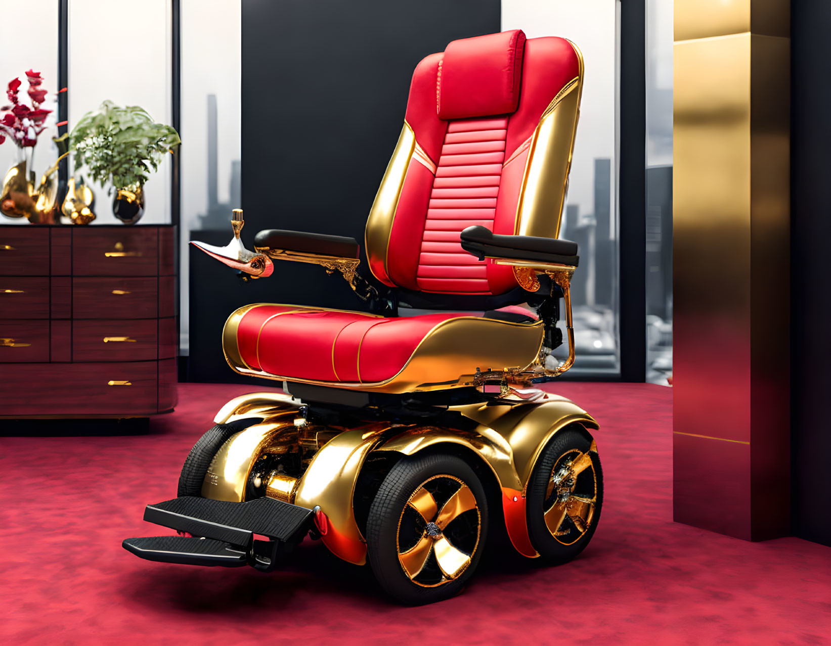 Red and Gold Motorized Wheelchair in Elegant Room with Modern Design
