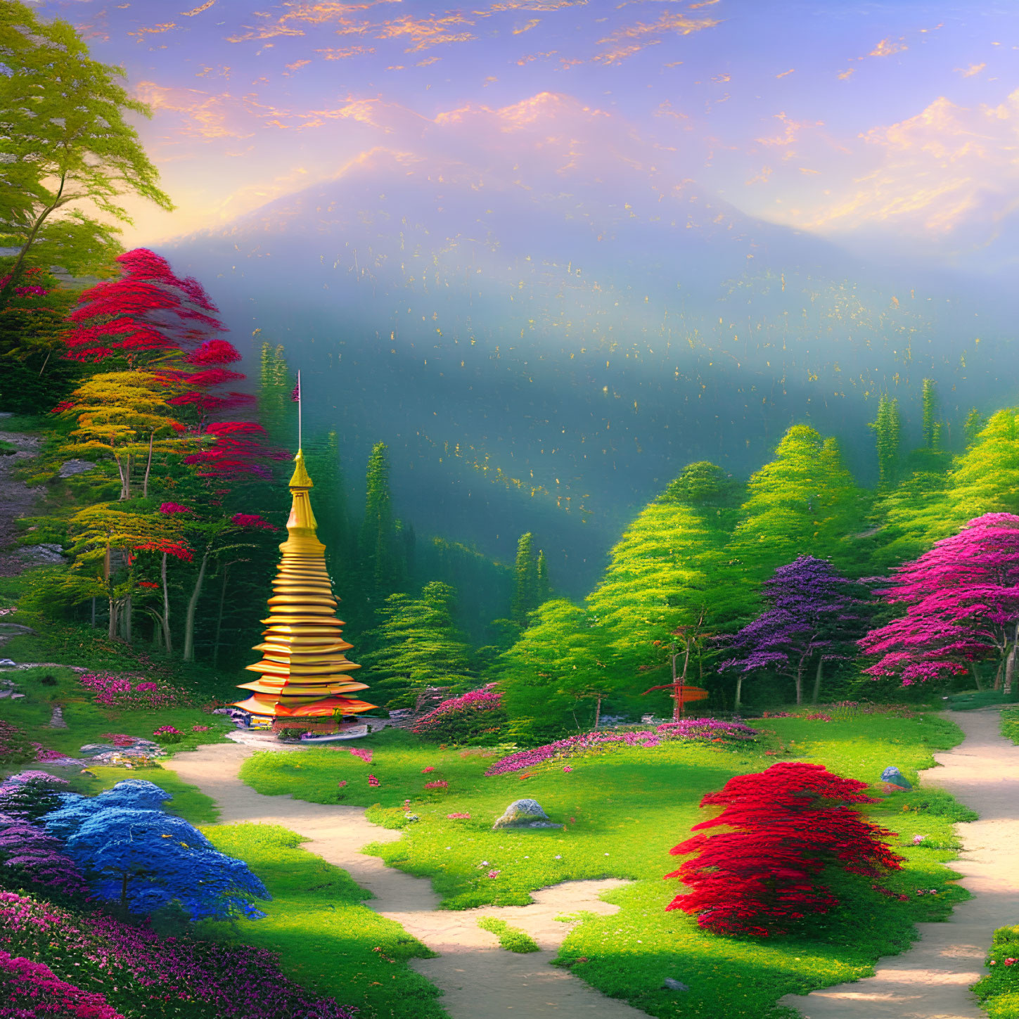 Digital artwork: Enchanting forest with pagoda, colorful trees, flowers, winding path