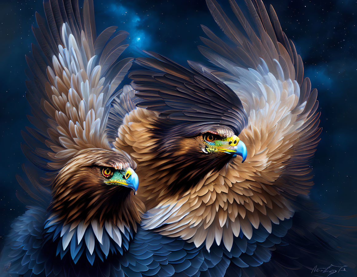 Detailed digital artwork: Majestic eagles with intricate feathers in starry night sky
