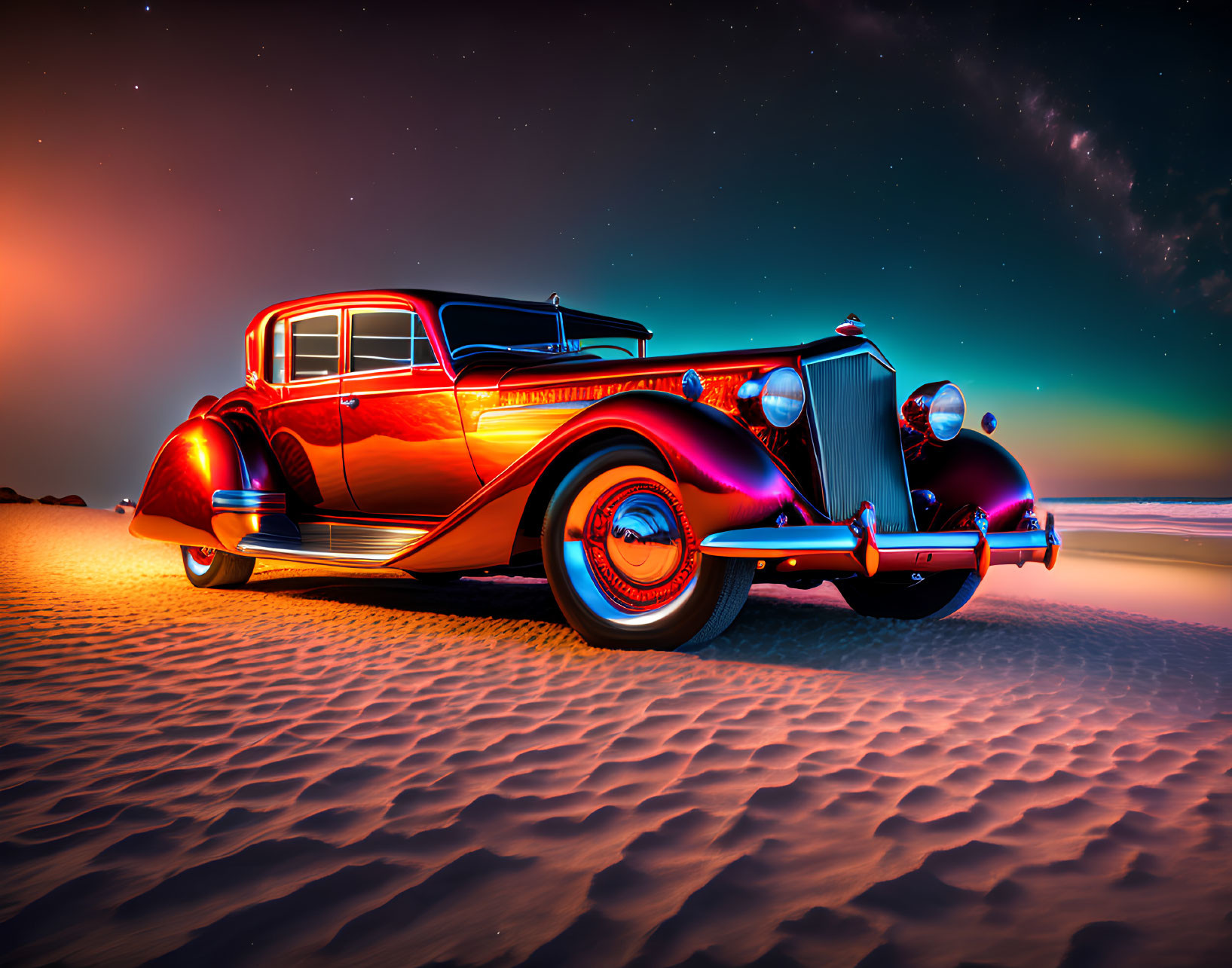Vintage Car on Sandy Beach at Twilight with Colorful Sky & Northern Lights