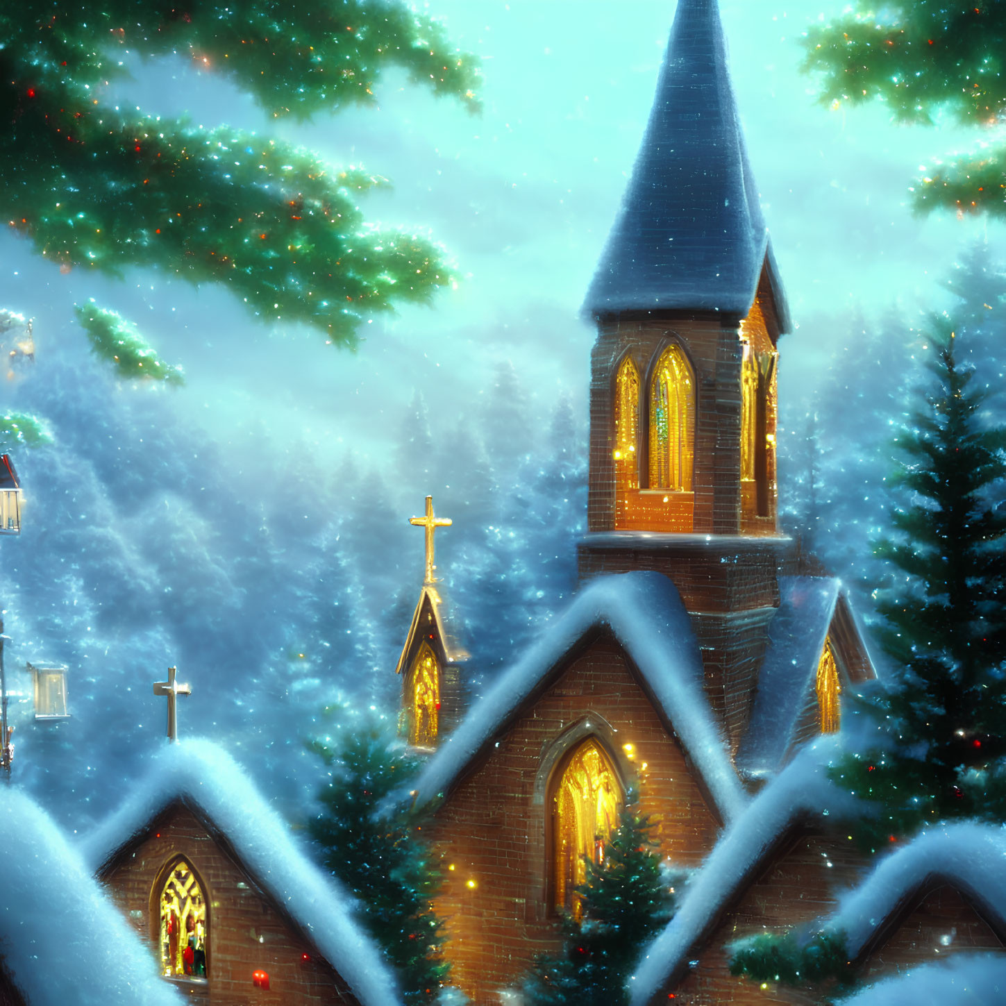 Snow-covered church in pine forest under starry sky: serene winter scene