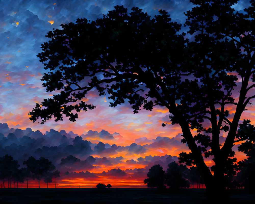 Vibrant orange and blue sunset silhouettes trees against cloudy sky