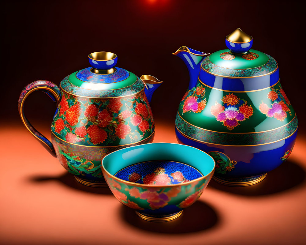Colorful Floral Pattern Teapot, Sugar Bowl, and Cup on Blue Background
