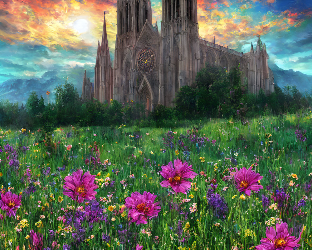 Colorful Wildflowers Field with Majestic Gothic Cathedral and Dynamic Sky