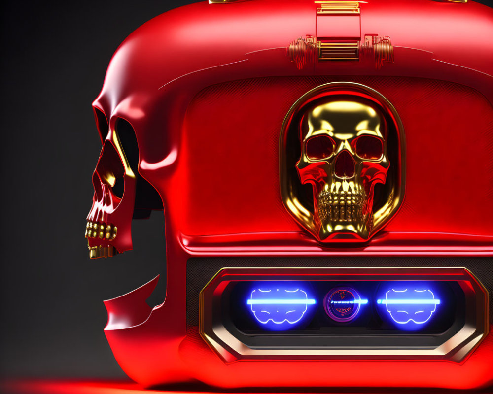 Red Glossy Skull Helmet with Gold Visor and Holographic Display on Dark Background