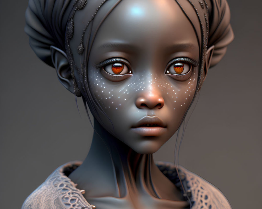 Stylized digital artwork of a female figure with dark skin, orange eyes, and lace garment