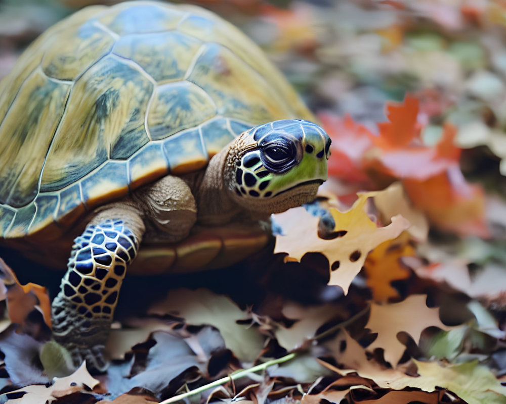 Colorful Tortoise Amid Autumn Leaves with Focused Gaze
