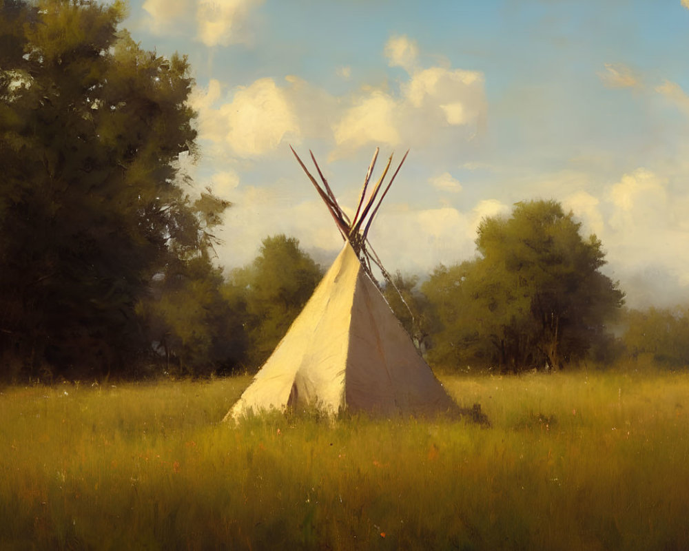 Tranquil teepee painting in sunlit meadow with lush trees